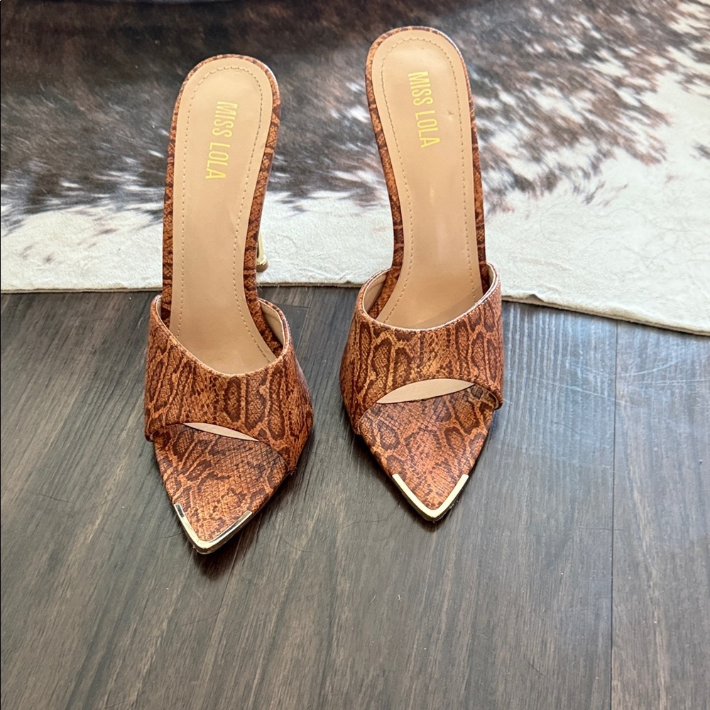 Miss Lola Tan Snake Print Heels